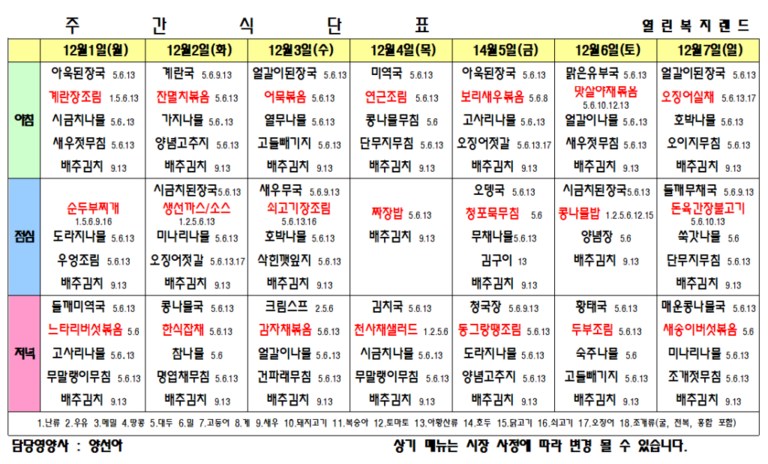 2025년 12월 식단표를 알려드립니다.