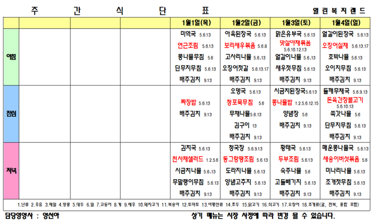 2026년 1월 식단표를 알려드립니다.