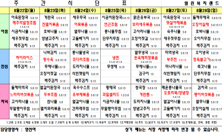 2022년 8월 4주 식단표를 알려드립니다.