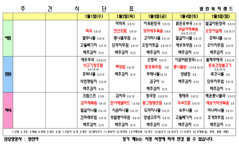 2025년 1월 식단표를 알려드립니다.