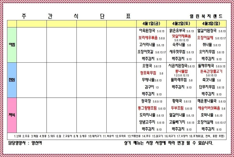 2022년 4월 1주 식단표를 알려드립니다. 