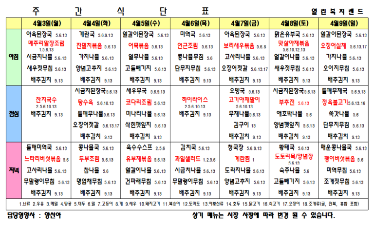2023년 4월 2주 식단표를 알려드립니다.