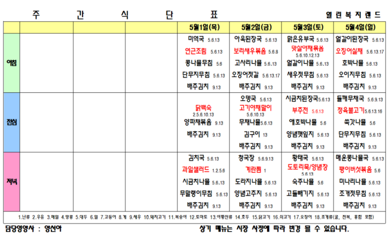2025년 5월 식단표를 알려드립니다.