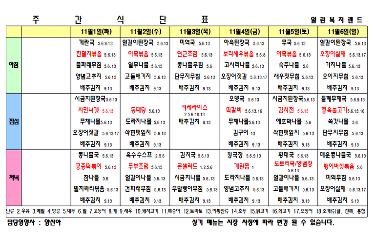 2022년 11월 1주 식단표를 알려드립니다.