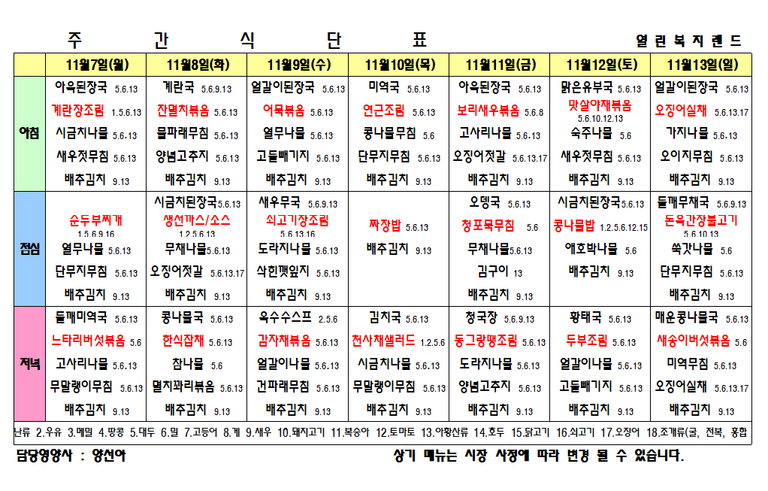 2022년 11월 2주 식단표를 알려드립니다.