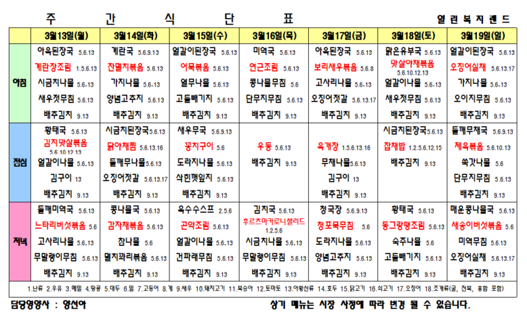 2023년 3월 3주 식단표를 알려드립니다.