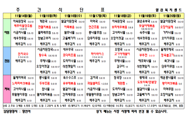 2022년 11월 3주 식단표를 알려드립니다.