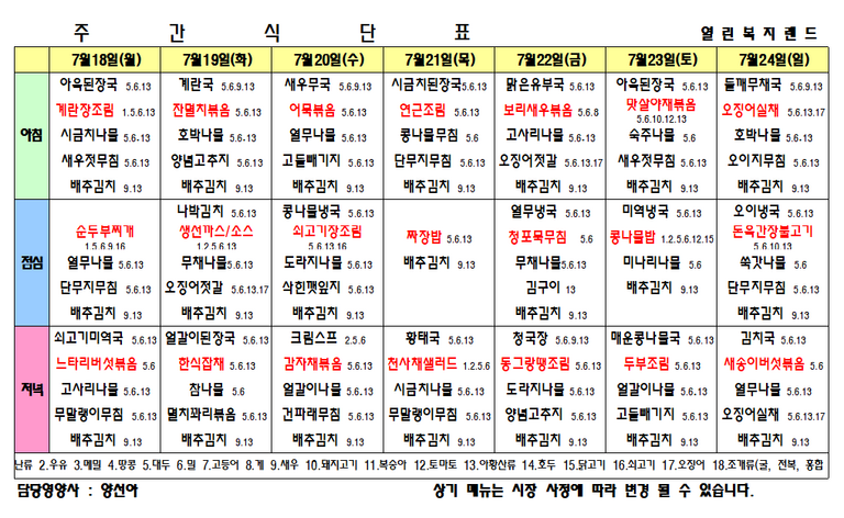 2022년 7월 4주 식단표를 알려드립니다.