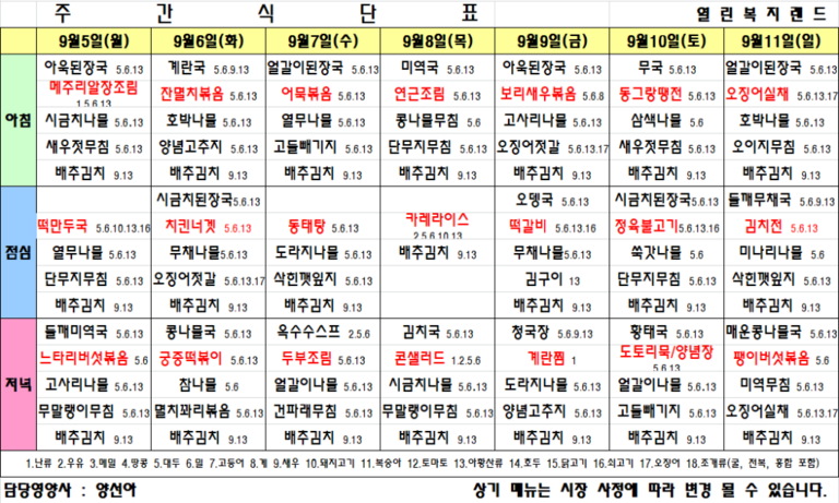 9월 2주 식단표를 알려드립니다.