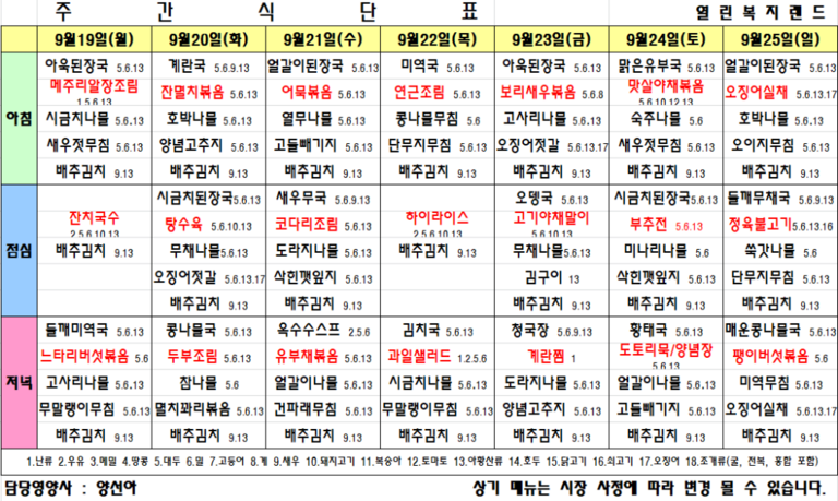 9월 4주 식단표를 알려드립니다.