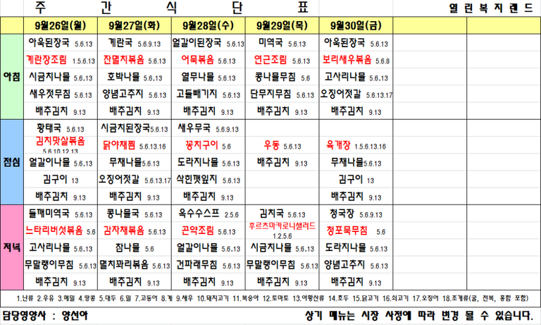 9월 5주 식단표를 알려드립니다.