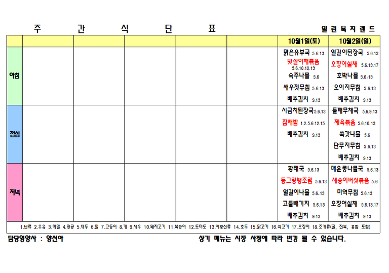 2022년 10월 1주 식단표를 알려드립니다.