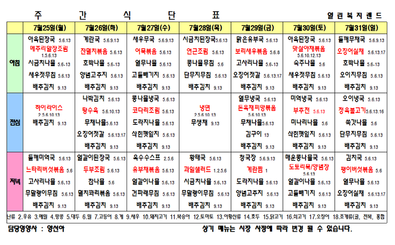 2022년 7월 5주 식단표를 알려드립니다.