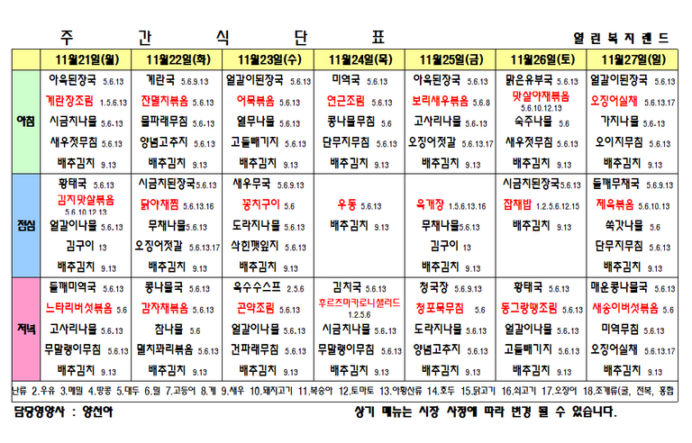 2022년 11월 4주 식단표를 알려드립니다.