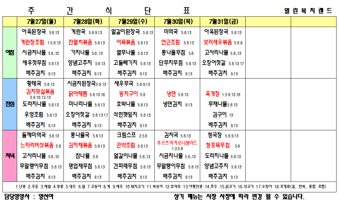 2026년 7월 식단표를 알려드립니다.